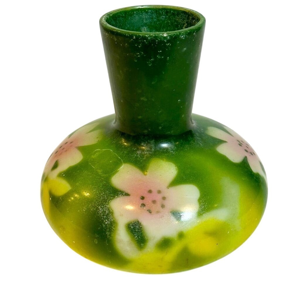 Vintage Floral Painted White Glass Pink Green Vase Boho Hippie 50s Mid‎ Century